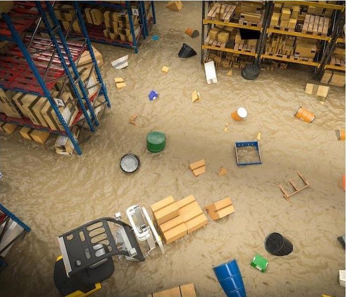 flooded warehouse with items floating 